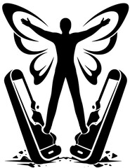 Person Emerging From Smartphone Cocoon With Butterfly Wings, Digital Transformation Freedom From Screens Concept, Black Vector Silhouette
