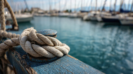 Fototapeta premium At the marina, nautical rope is anchored on a cleat.