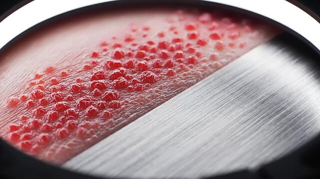 Close-up view of patchy skin inflammation with characteristic small red raised bumps under magnification, depicting a dermatological condition.