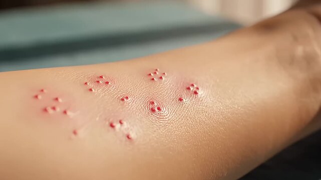 Detailed close-up of numerous small, red, raised papules clustered on human skin