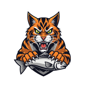 Fierce Tiger Cat Mascot Holding a Fish, Aggressive Predator with Prey