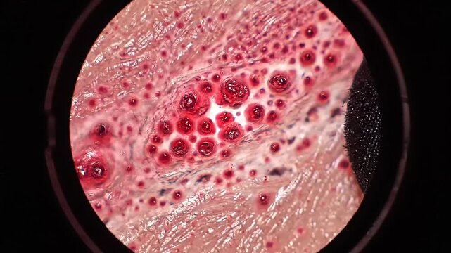 Microscopic view of inflamed epidermal tissue showing distinct red cellular structures and inflammation
