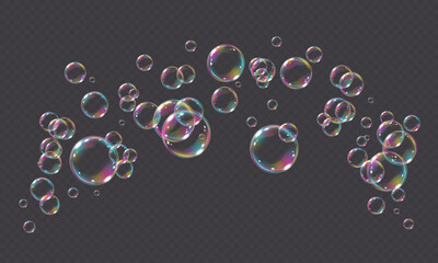 Fototapeta premium Vector realistic rainbow soap bubble with reflection isolated on transparent background. Flying png glass bubbles.