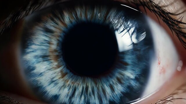 Side-profile macro of an eye. Studio lighting. Clear view of the lens and pupil dilating. Professional medical documentary style, ultra-clean aesthetic