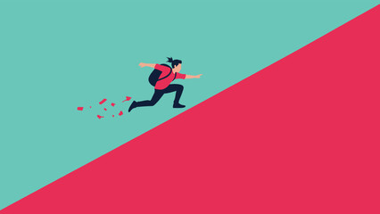 Fototapeta premium Person wearing a backpack running up a steep incline on a split-color background representing effort and a hard climb.
