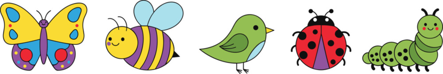 Cute cartoon animals and insects icons with butterfly bee bird ladybug caterpillar colorful flat vector illustration set © Arafat