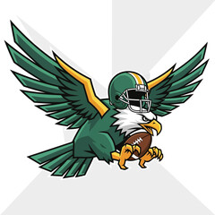 Naklejka premium Green Eagle Mascot Flying with American Football and Helmet, Sports Team Logo