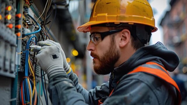 A skilled electrician, clad in protective safety gear, fine-tunes wires within a control panel amidst the urban bustle of a city, under the bright daytime glow