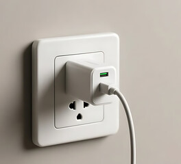 Close-up macro of USB-C charger connected to wall socket