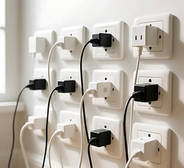 Multiple wall sockets with various smartphone chargers plugged in
