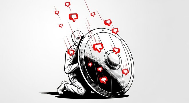 man hiding behind a shield while red dislike icons rain down, symbolizing online criticism and social media backlash sketch engraving generative ai vector illustration.