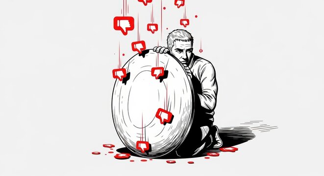 man hiding behind a shield while red dislike icons rain down, symbolizing online criticism and social media backlash sketch engraving generative ai vector illustration.