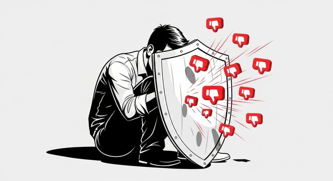 man hiding behind a shield while red dislike icons rain down, symbolizing online criticism and social media backlash sketch engraving generative ai vector illustration.