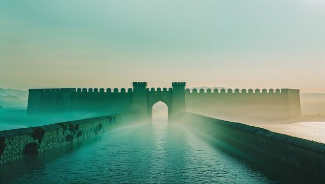 foggy fortress wall with gate and long waterway perspective background for defense protection and security concept