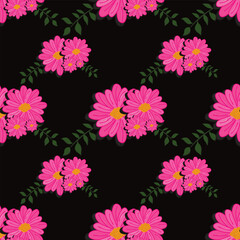Seamless floral pattern featuring bright pink daisy flowers with green leaves on a black background