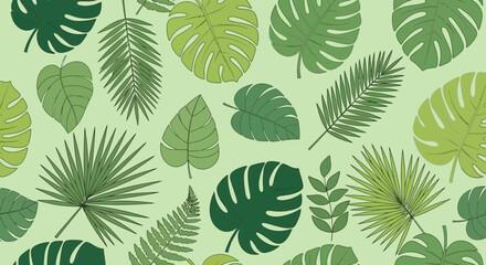 Fototapeta premium Seamless Pattern of Various Tropical Leaves in Different Shades of Green on a Light Background Viewed from Directly Above