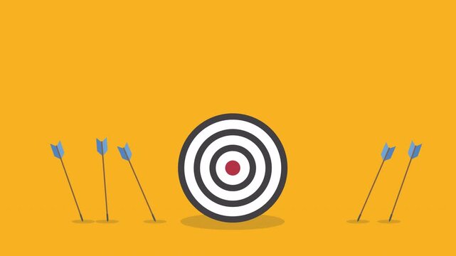 Business challenge failure and success concept. Blue arrows missed hitting target and only red one hits the center. 4K video animation	