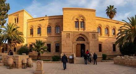 Obraz premium People enter a historic stone building with palm trees and artifacts outside.