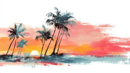 Obraz premium Serene Tropical Sunset Over Ocean with Silhouetted Palm Trees and Vibrant Color Blend in a Calming Landscape Setting