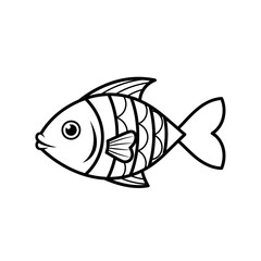 Cute cartoon fish illustration, simple black and white line drawing, isolated on white background.