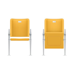 Bright yellow folding chairs, designed for use in stadiums and assembly halls, for assembly and seating.