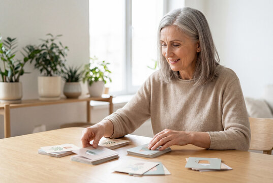 Senior woman smiling during memory training card game