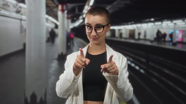 Woman with buzzcut and glasses pointing fingers and thumbs toward camera on subway platform in a building; playful invitation.
