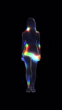 A standing woman shimmering with various colored lights on a glass-like surface with an alpha channel. Seamless loop video.