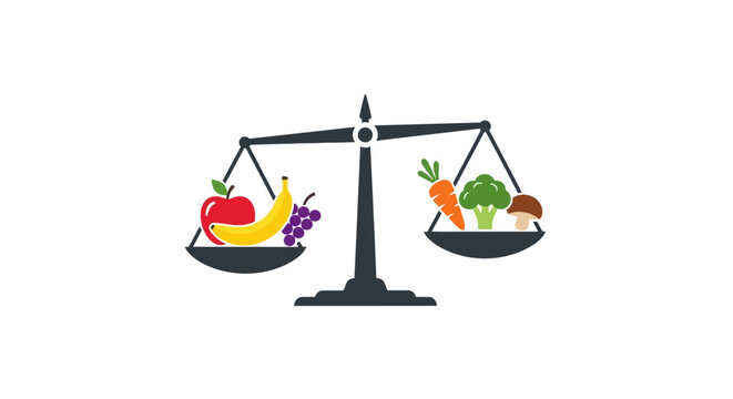 Balance scale with fruit and vegetables.