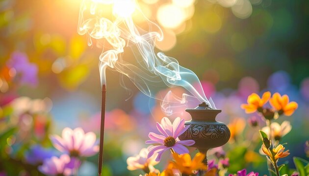 Cinematic blue incense smoke with spring blossoms background during Chaitra spring festivals