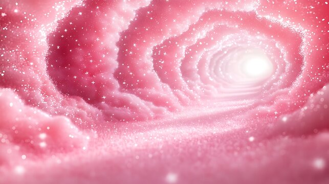A magical pink glowing cloud tunnel shimmers with sparkling light leading towards a bright exit