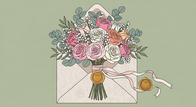 Bouquet of roses and greenery in envelope with wax seals.