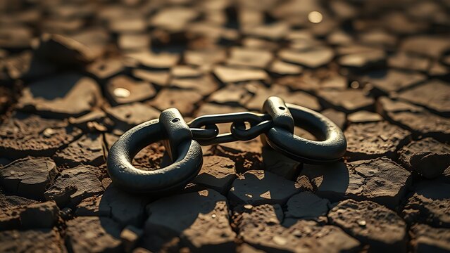 sidelight. Heavy iron manacles with a severed chain on cracked earth. STEM education sheets, lab safety posters, designed for STEM education and laboratory safety posters, used by food bloggers.