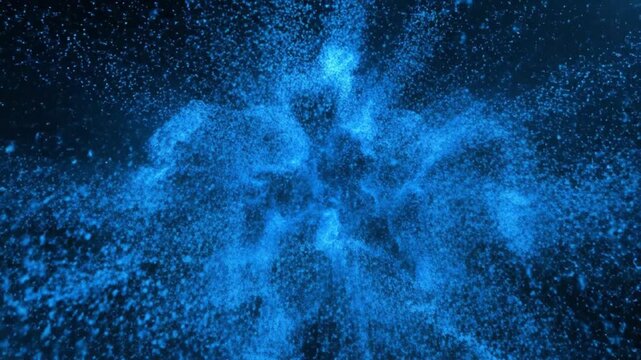 Explosive blue particles radiating outward in a dark environment from a central point of origin viewed from directly above