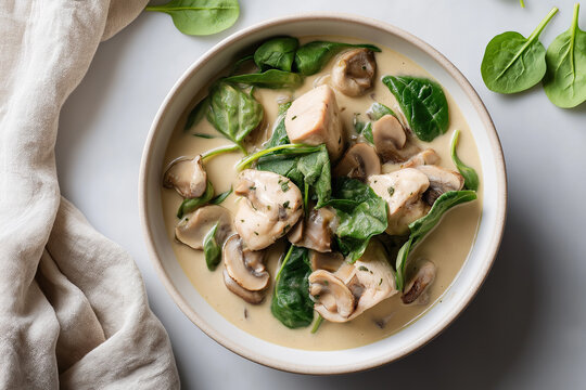 A ceramic bowl of tender chicken in creamy herb sauce with saut&eacute;ed mushrooms and fresh baby spinach.