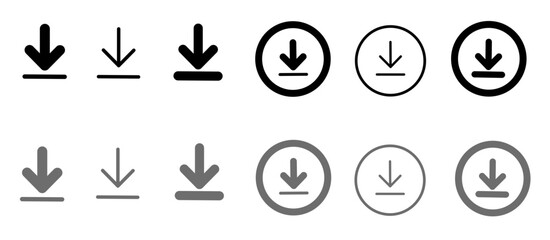 Vector illustration of download icon set. Download icons in various line weights and styles, featuring arrow symbols with circles and flat horizontal bars
