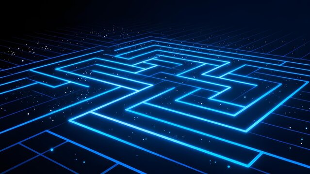 Neon blue circuit-like maze pattern on a dark grid background with glowing lines and digital aesthetic