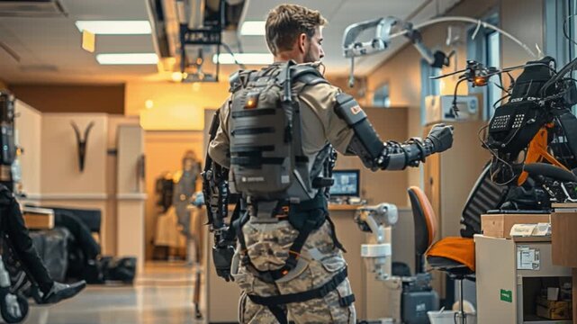A soldier stands tall in a cutting-edge research facility, clad in a futuristic high-tech exoskeleton suit, exemplifying enhanced strength and agility for advanced military missions