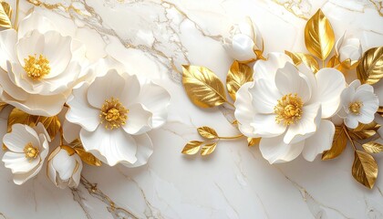 White porcelain flowers with golden accents on marble background.