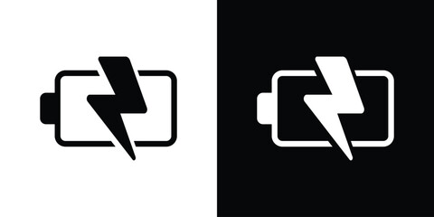Horizontal battery icon with a bold lightning strike. Design represents quick charge technology, fast power delivery, and high-performance energy storage for tech hardware. © bibin