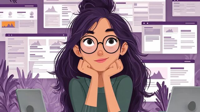 Cartoon style illustration of a businesswoman resting her chin on her hand while thinking about a project. Business documents and ideas pop up around her at a modern office workspace concept.