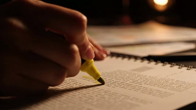 Close up of hand highlighting text on paper at night or Close up of highlighter marking text on notepad in darkness
