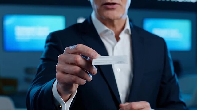 Close up of hand holding card in studio or Close up of man gesturing with hands indoors
