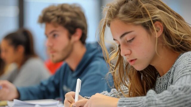 A student concentrates intently as she writes with a pen, surrounded by classmates in a bright classroom. The atmosphere reflects dedication and learning amidst natural light