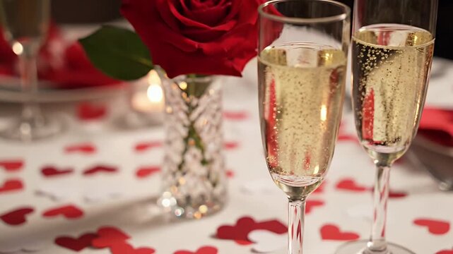 Romantic dinner setup with hearts and champagne