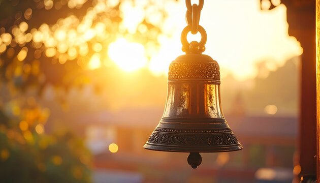 Close up of traditional ornate bell with warm bokeh for Chaitra spring festivals spiritual theme