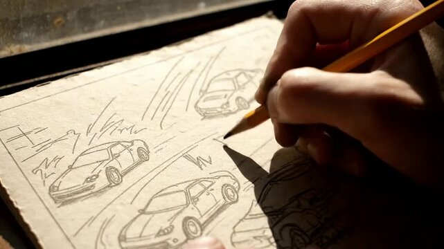 Close up of hand sketching car on paper or Close up of pencil drawing cars on paper