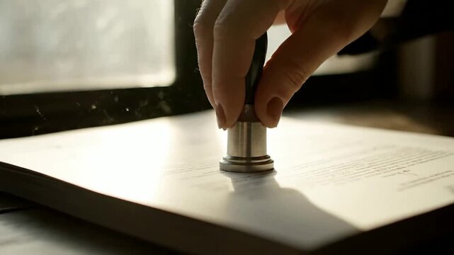 Close up of hand using a stamp on paper in office or Close up of fingers pressing a stamp on document indoors