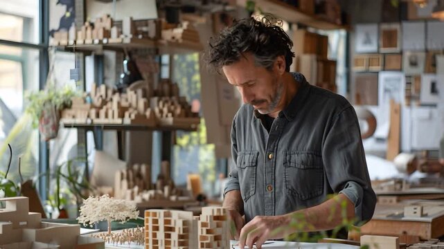 A talented designer crafts an intricate urban architectural model with diverse materials in a bright, organized studio, specializing in urban planning and design