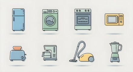 This image displays a collection of 8 flat-style icons representing common household appliances with simple outlines and soft color palettes.